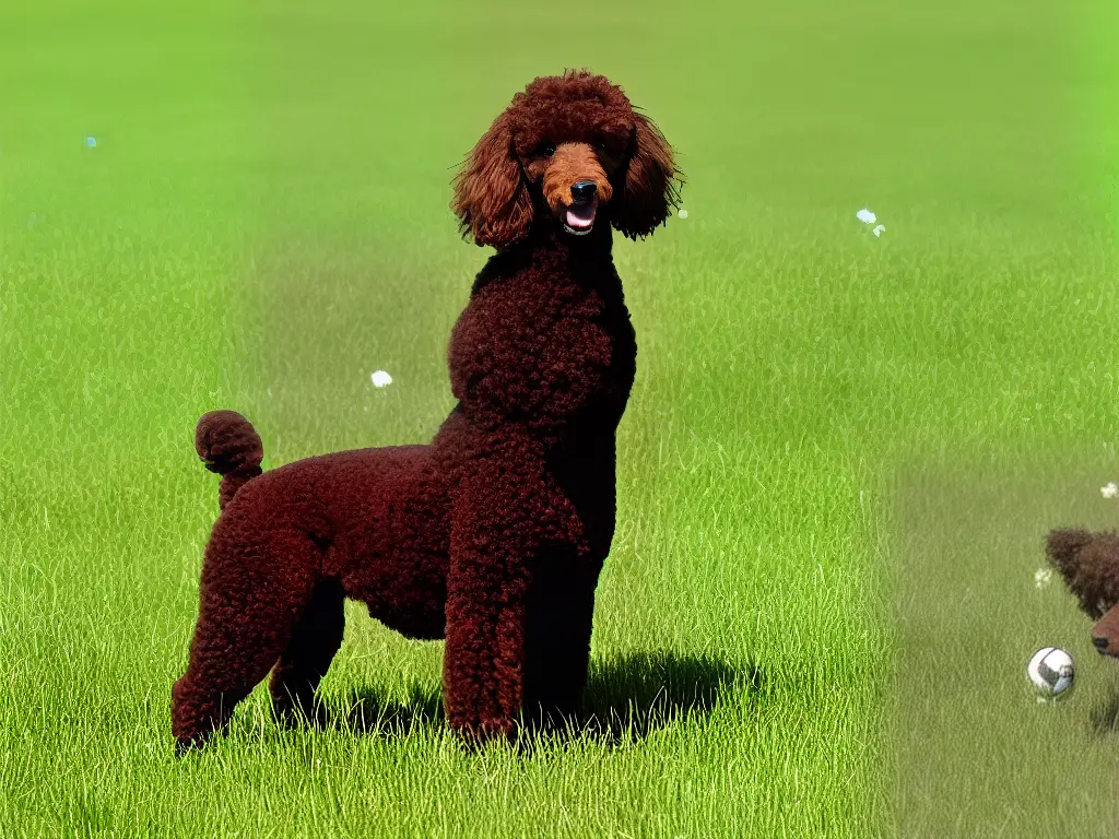 A brown Poodle with a well-groomed curly coat, standing on a grassy field with its tongue out in a playful manner
