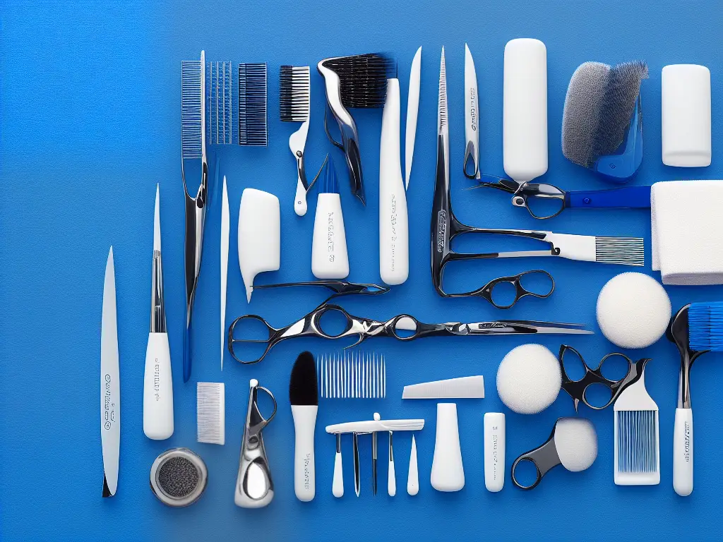 An image of a poodle grooming kit including slicker brush, comb, clippers, and scissors on a blue background.