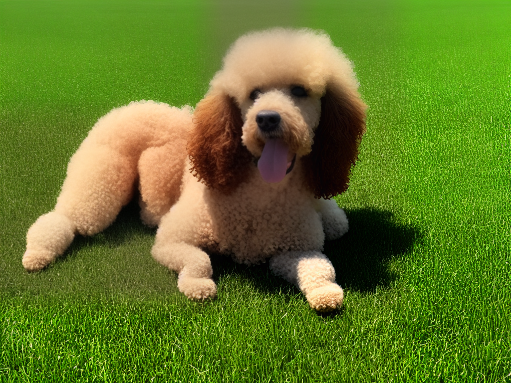 An image of a curly-haired Poodle dog sitting on a green field with a blue sky in the background.