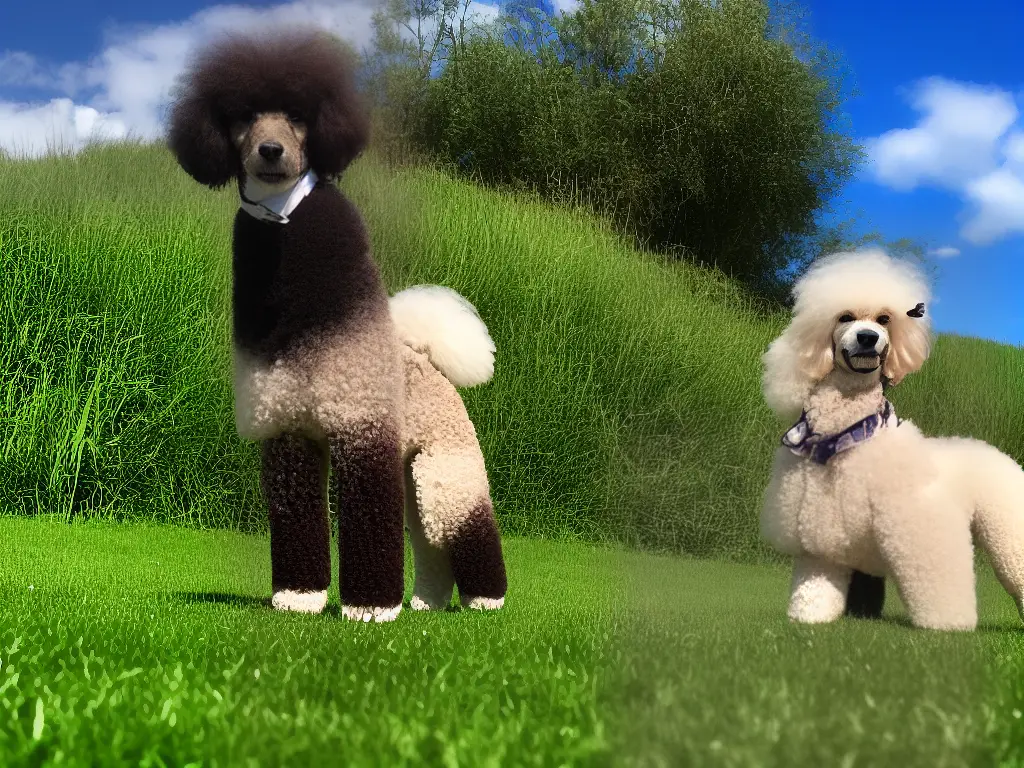 An image of a happy poodle with fluffy hair cut in the lamb cut style, standing on green grass with a blue sky in the background.