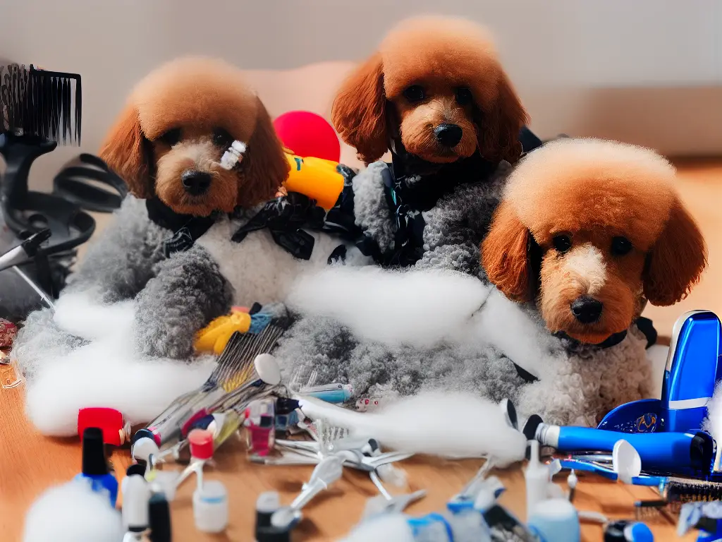 Image of a poodle with various grooming tools and supplies around it