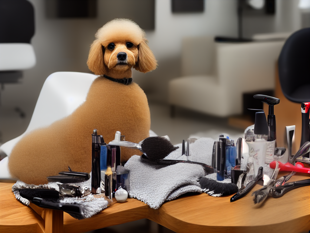 An image of a well-groomed poodle with its hair styled in an elaborate cut, sitting on a grooming table with several grooming tools on the table beside it.