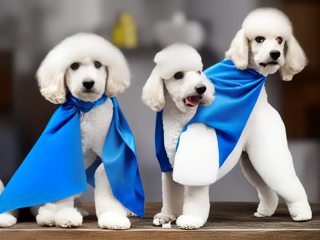 A white poodle standing on a grooming table with a blue bandana, getting a haircut with a pair of scissors.