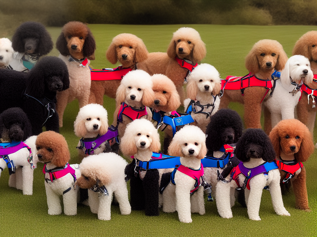 An image of different types of harnesses suitable for poodles, including step-in, H-style, vest, and front-clip harnesses. Each harness is labeled accordingly with its features and benefits.