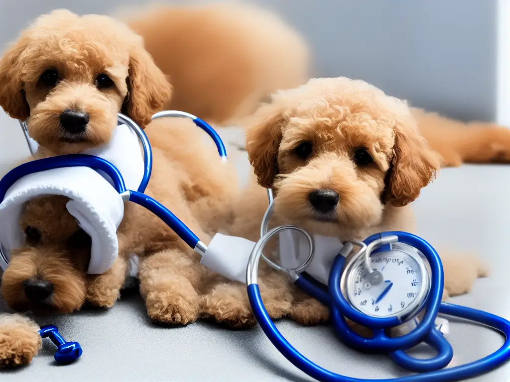 A cartoon image of a poodle with a stethoscope around its neck sitting next to a list of common poodle health concerns.