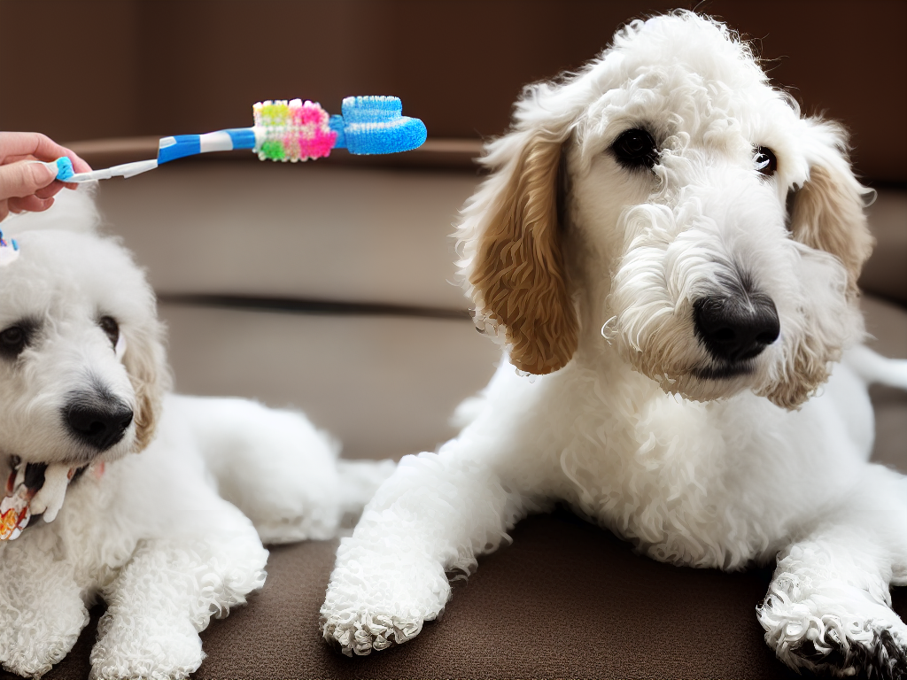 A picture of a white poodle with its owner, showing two hands holding a toothbrush and toothpaste beside the dog's head, indicating dental care.