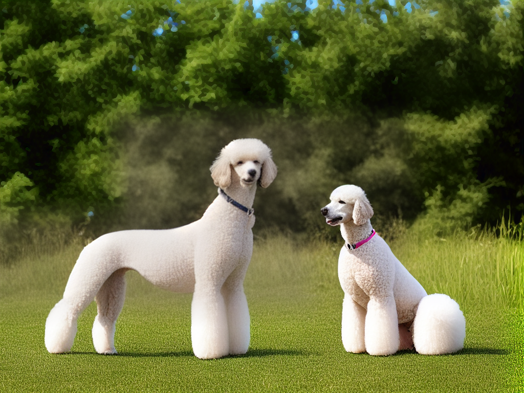 A Poodle with a shiny coat and vibrant eyes sitting outdoors in a field. The image depicts a healthy Poodle, which is an outcome of proper health care.