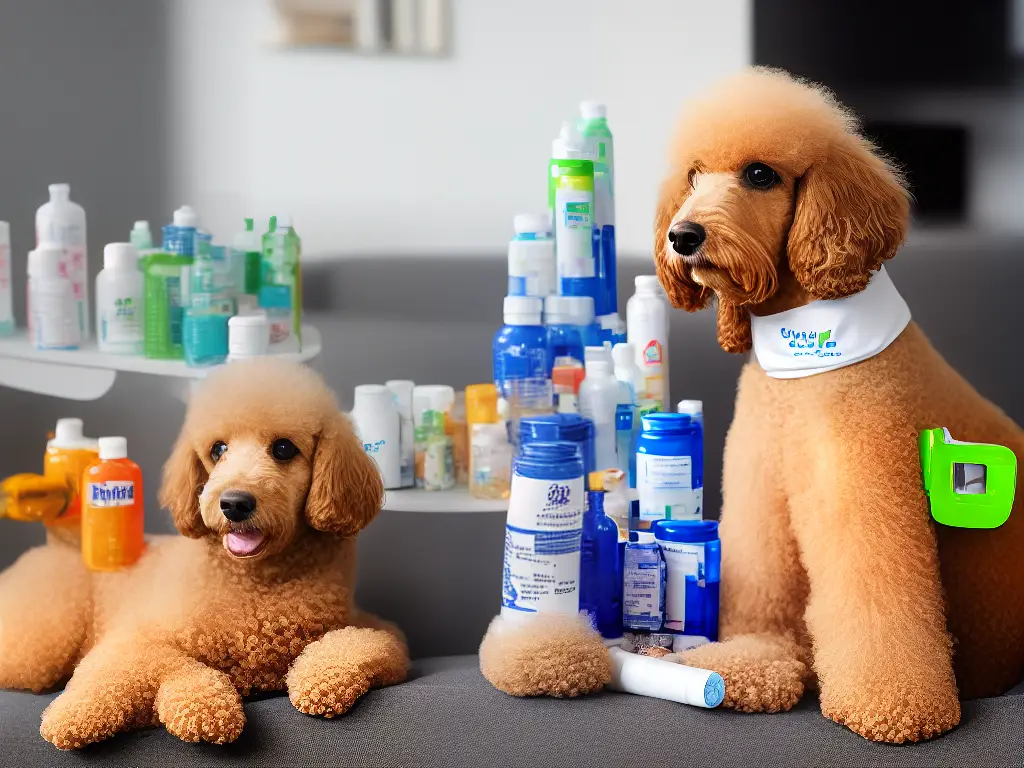 Illustration of a poodle holding various pill bottles indicating a need for regular medication and preventative care for common health concerns.