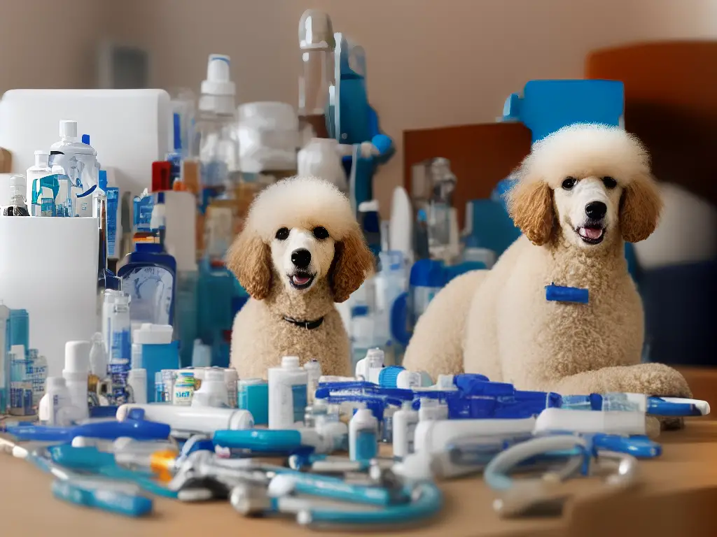 A cartoon image of a poodle on a veterinarian's table with different health care symbols around it, including pills, a stethoscope, and a syringe.