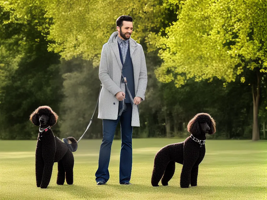 An image of a poodle with a healthy coat standing next to its owner in a park.