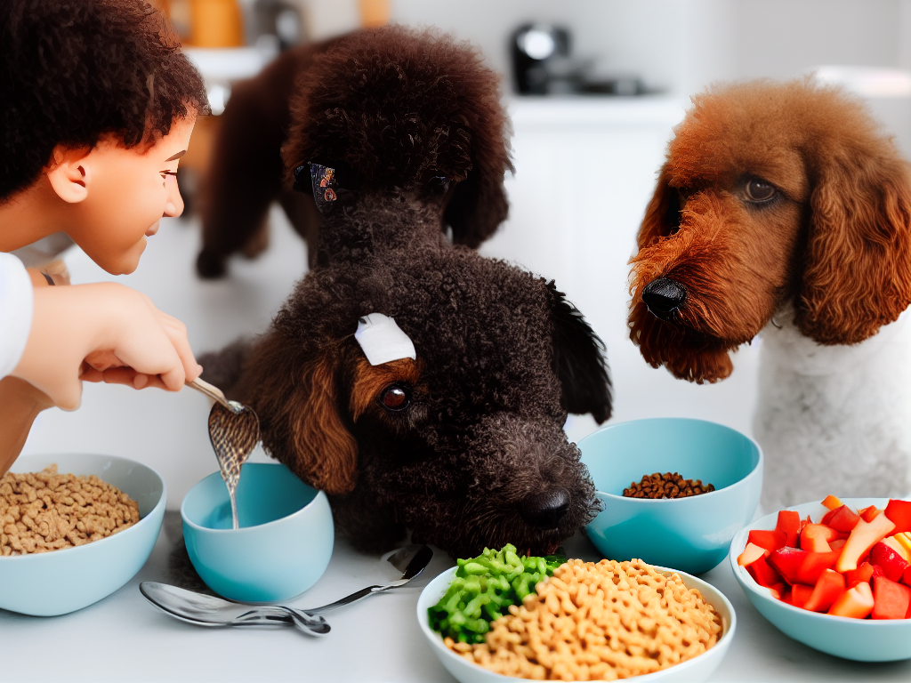 An image of a happy poodle being fed a bowl of dog food by its owner. The dog food in the bowl contains lean meat, whole grains, vegetables, and fruits.