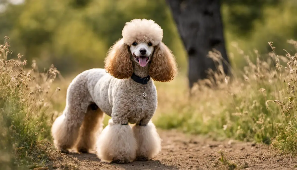 A poodle with a curly coat standing in a field, ready for hunting