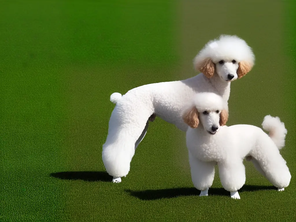 A light-coated poodle with a black nose stands on a grassy field, looking into the camera.