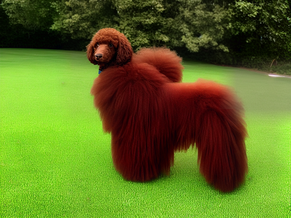 A brown poodle with a curly coat standing on a green lawn.