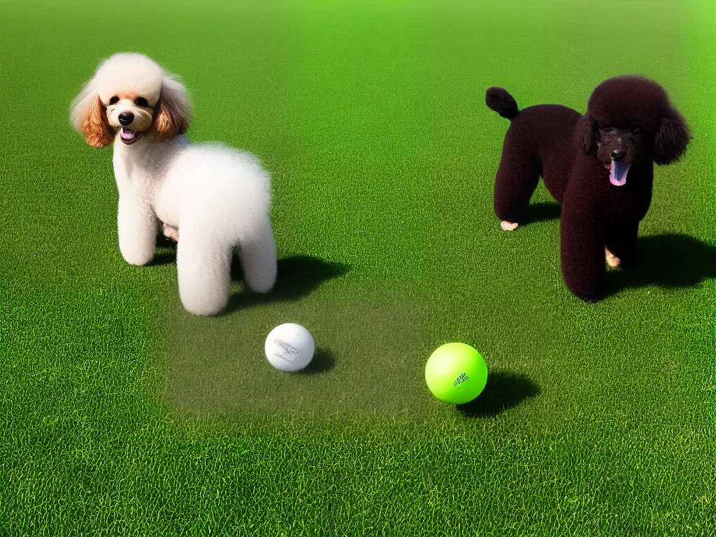 A photo of a Miniature Poodle standing on a green lawn with a ball in its mouth