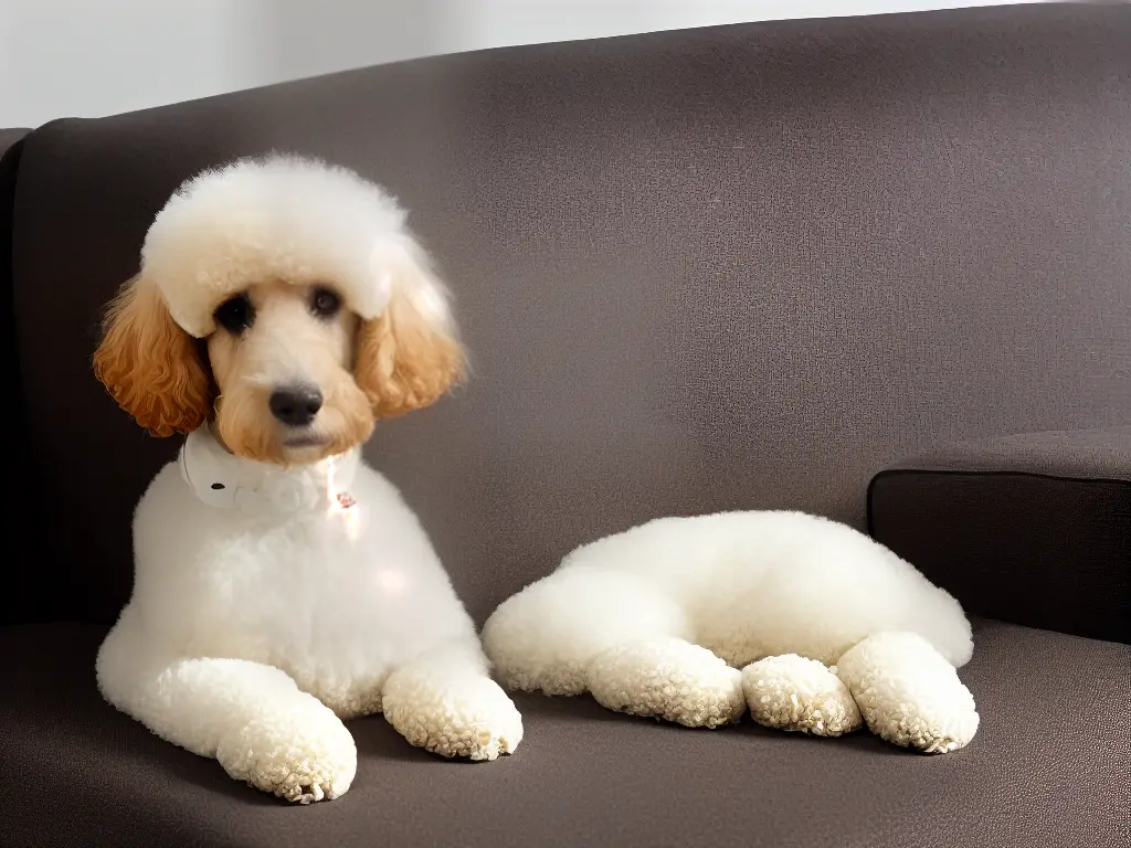 A cute poodle sitting on a couch with a sad expression.