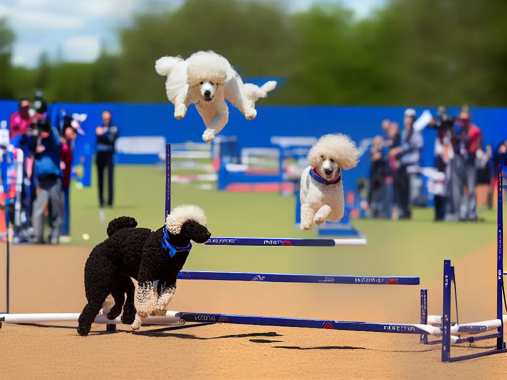 An image of a poodle jumping over an obstacle at an agility competition. The poodle is mid-jump, with all four legs outstretched and ears alert. The background shows other dogs and an audience watching in the stands.