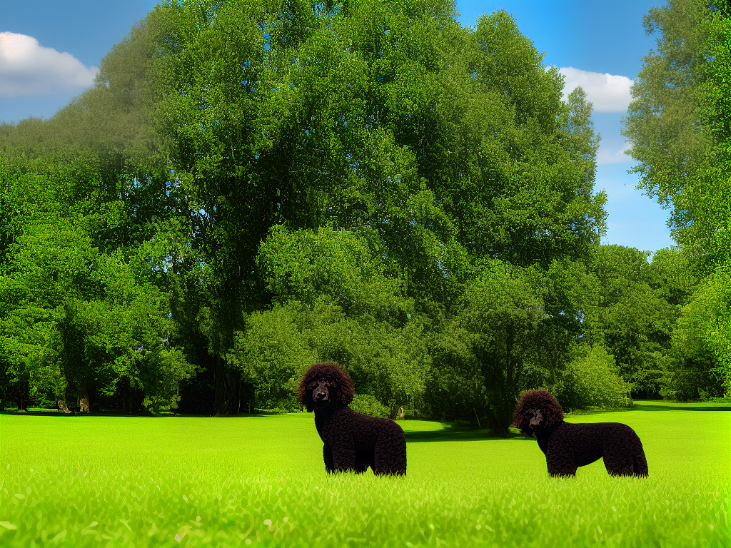 A curly-haired Poodle sitting on a green field with trees and a blue sky in the background.