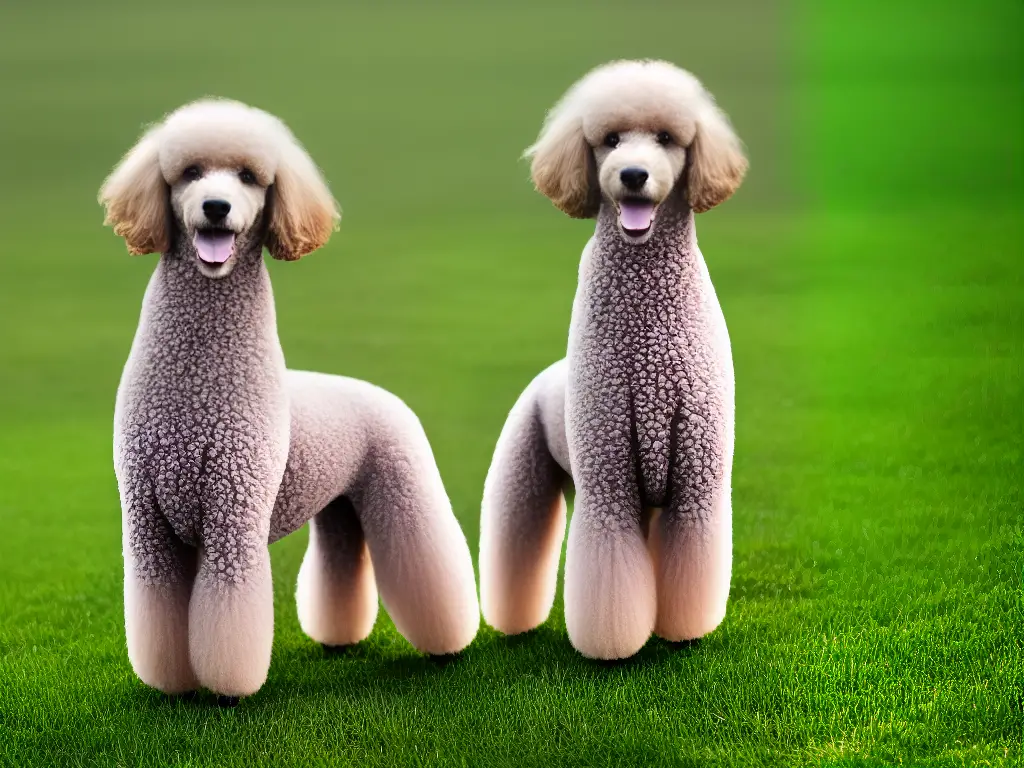 A cute poodle standing outside with a green grass background.