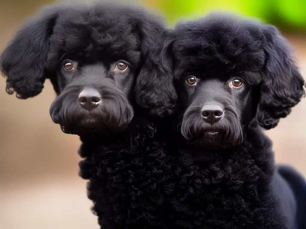 A black poodle with a shiny coat, staring at the camera with expressive dark eyes.