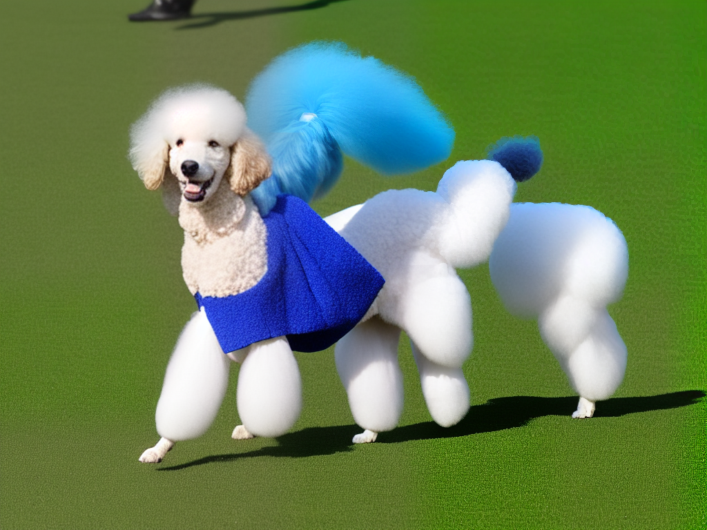 An image of a poodle walking in a park. The poodle has white curly fur and is wearing a blue collar.