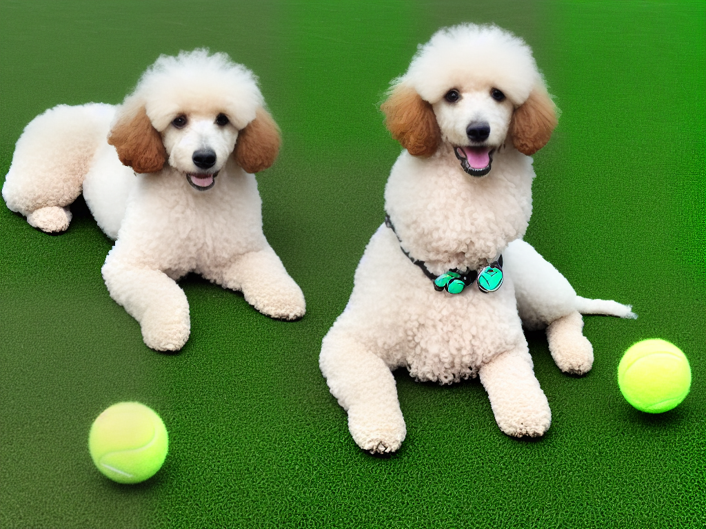An image of a well-groomed poodle with a cute look on its face, sitting on a green carpet with a yellow tennis ball in front of it.