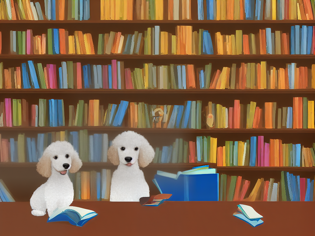 A cartoon image of a poodle reading a book titled 'Poodle Tales' in a library surrounded by other books.