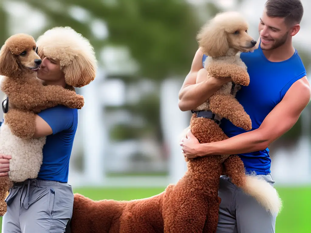 A picture of a poodle embracing with his owner after a good exercise session.