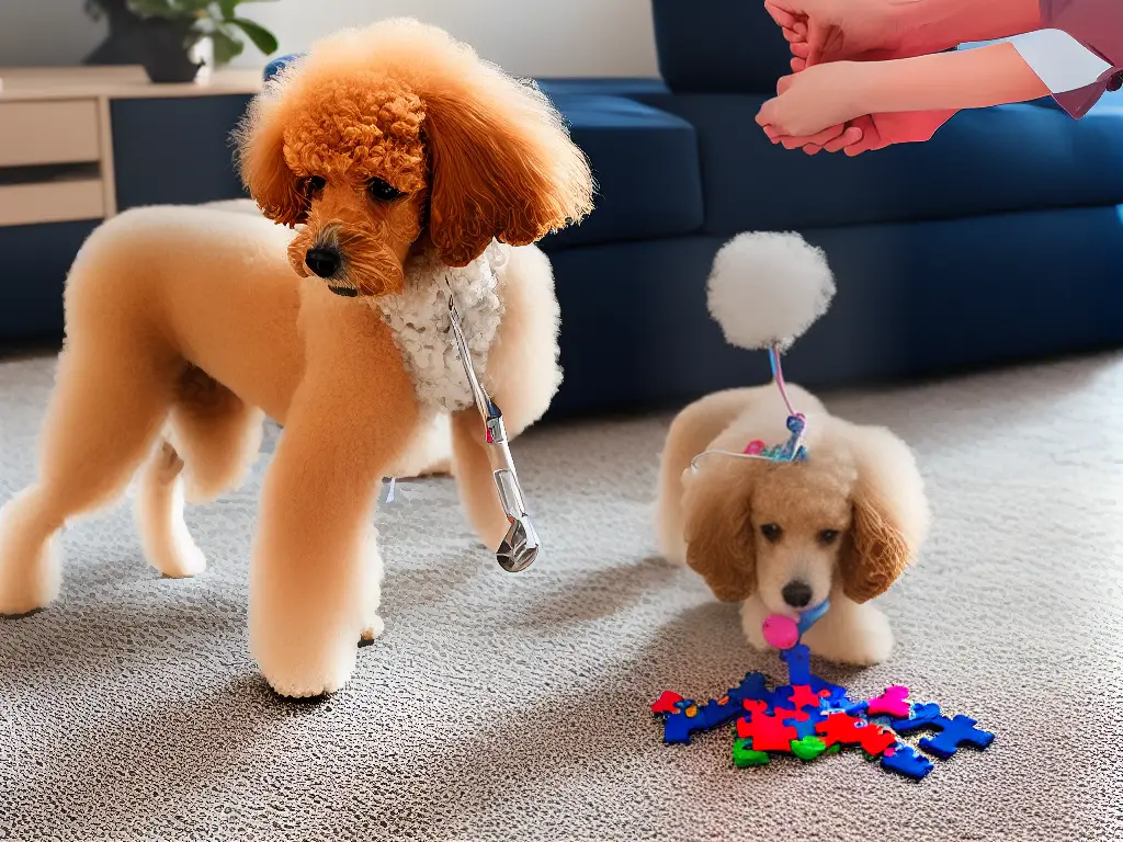 A poodle playing with a puzzle toy to improve mental stimulation.