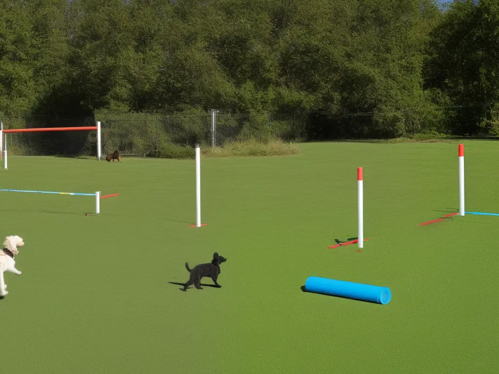 A Poodle mix dog jumping over an obstacle during an agility training session.