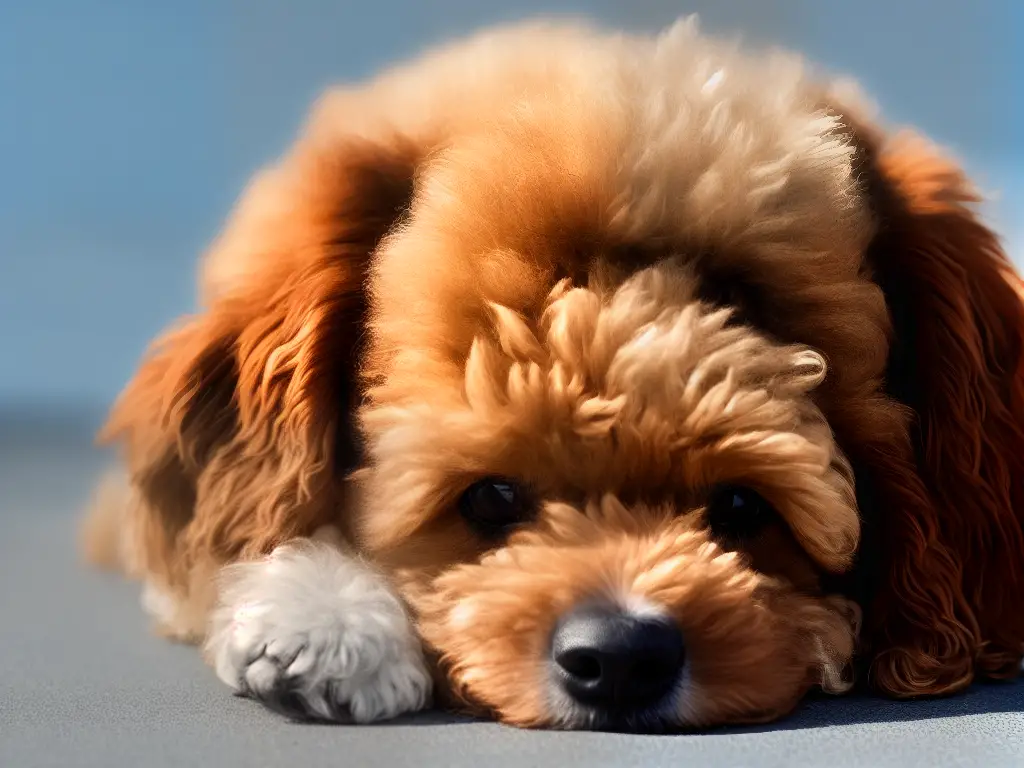 An image of a cute poodle mix dog with a sad expression that is rubbing its eyes