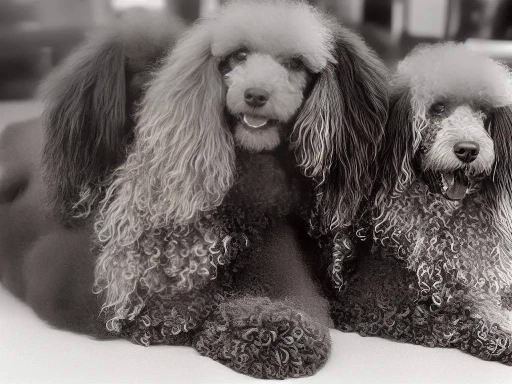 A drawing of a happy poodle mix breed dog with curly hair and a wagging tail, sitting next to its owner and looking lovingly at them.