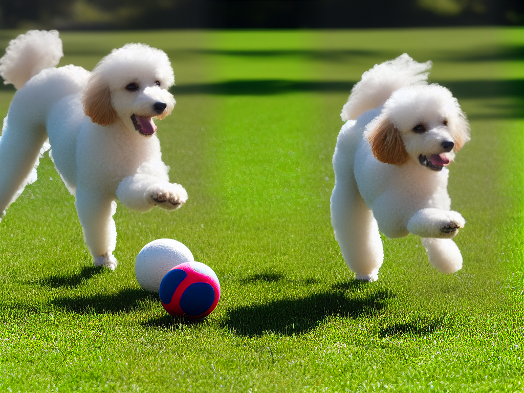 A happy Poodle mix playing with a ball in a sunny backyard.