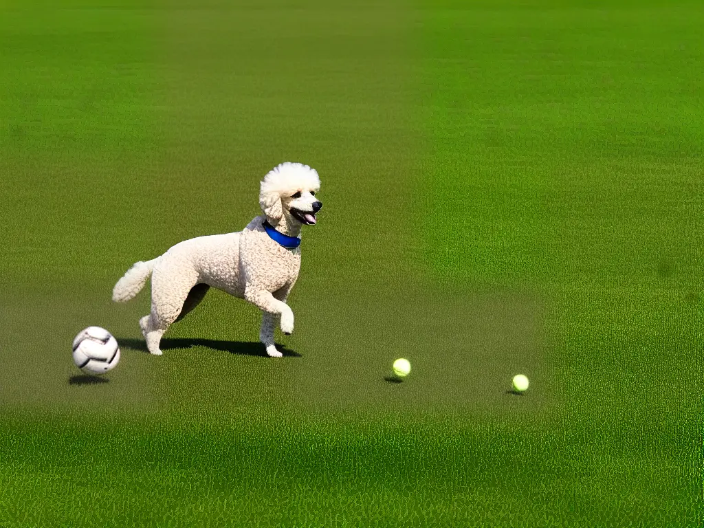 A poodle mix running in a field with a tennis ball in its mouth.