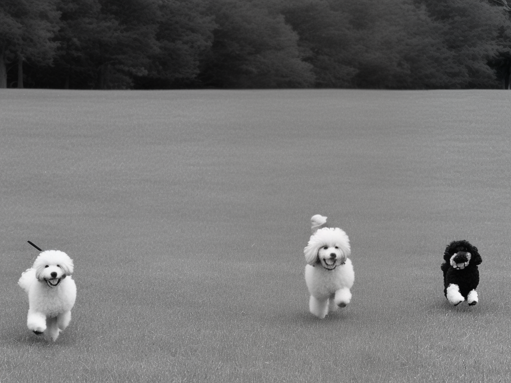 A black and white image of a poodle mix running happily in a grassy park.