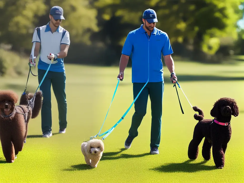 A person walking a poodle mix dog on a leash in a park with other dogs in the background.