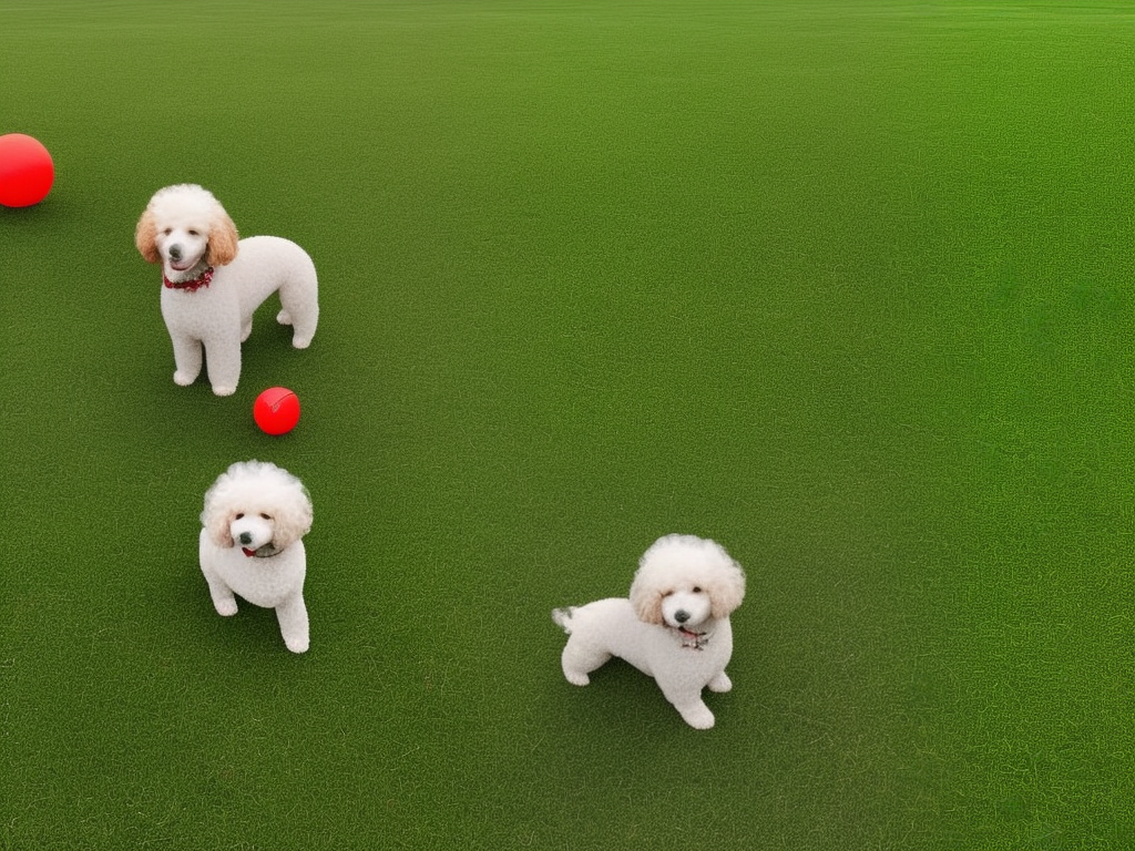 A picture of a hypoallergenic poodle mix with curly hair and dark eyes, sitting on a green lawn with a red ball in its mouth.