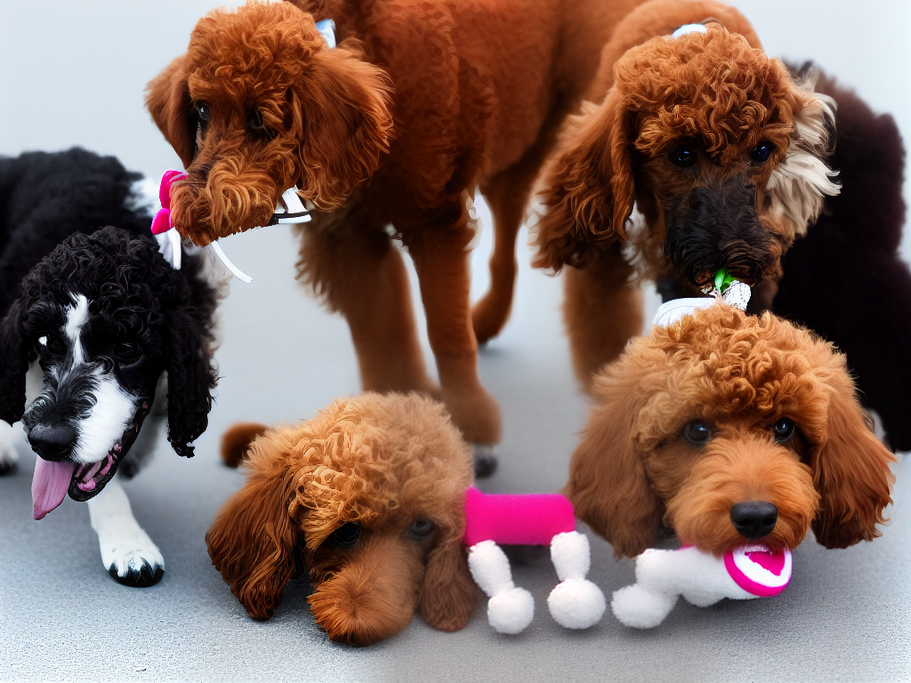 A poodle mix dog standing with a toy in its mouth while another dog approaches it.