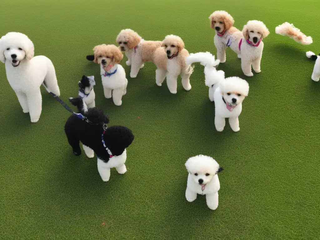 A cartoon image of a poodle mix puppy playing with other dogs at a park.