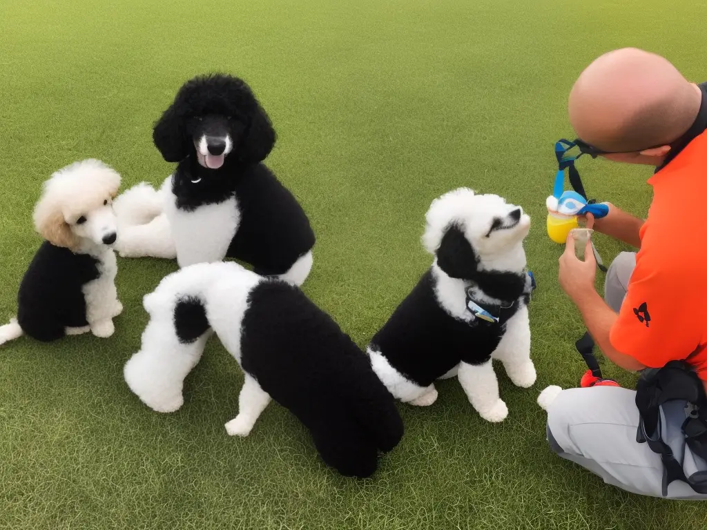 A picture of a poodle mix dog sitting and looking up to its owner while being given a treat during training