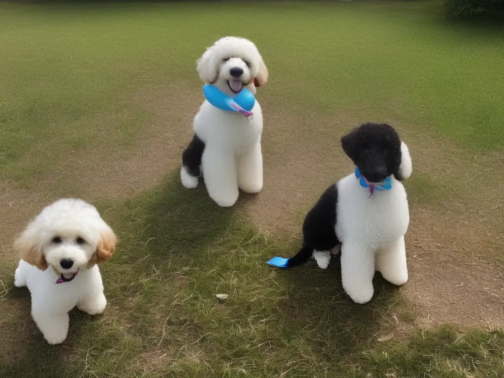 A photo of a happy and well-trained poodle mix sitting and looking at the camera with a toy in its mouth