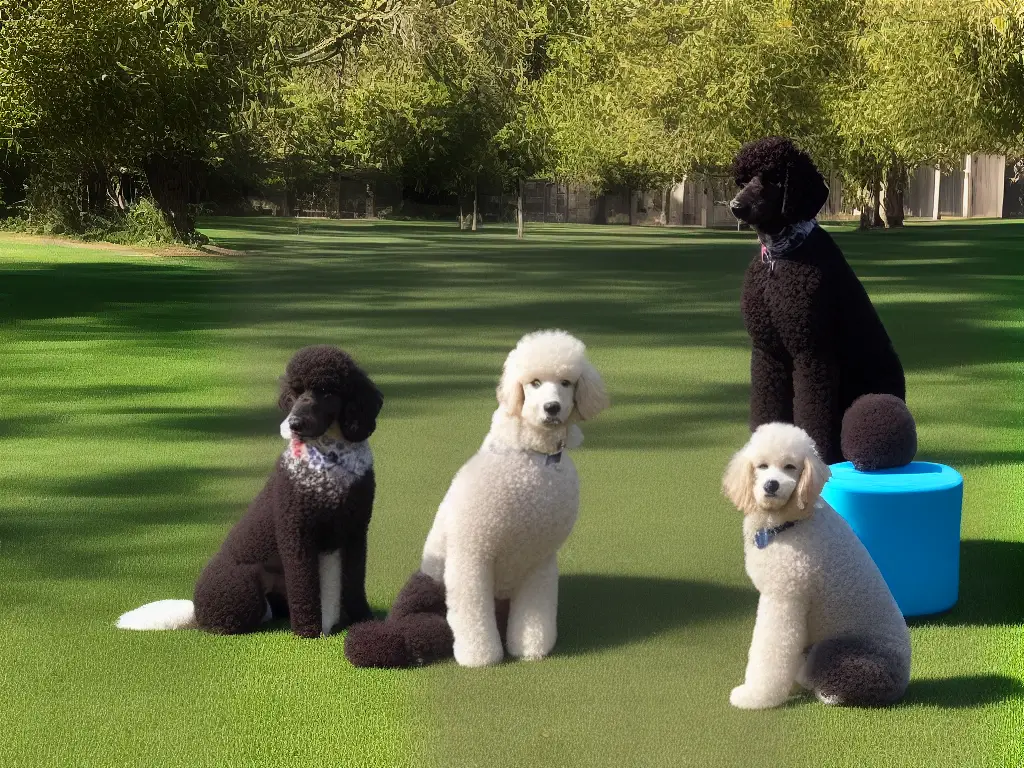 A poodle mix sitting and waiting for a command from its owner during a training session.