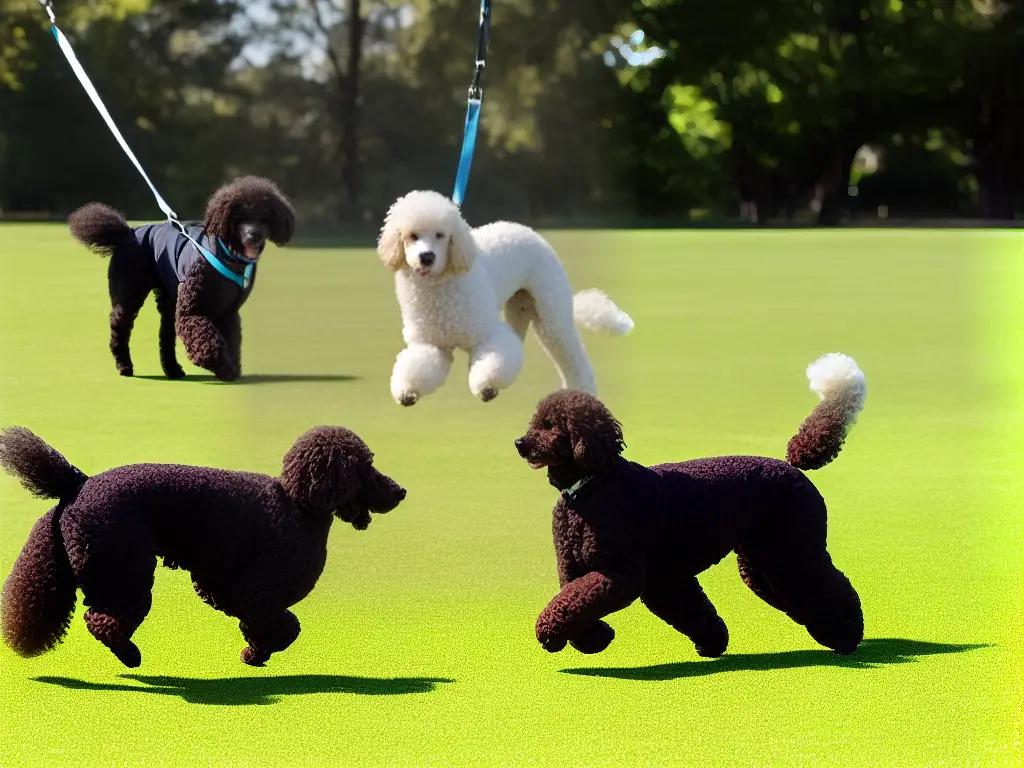 A poodle mix running and playing with other dogs in a park.