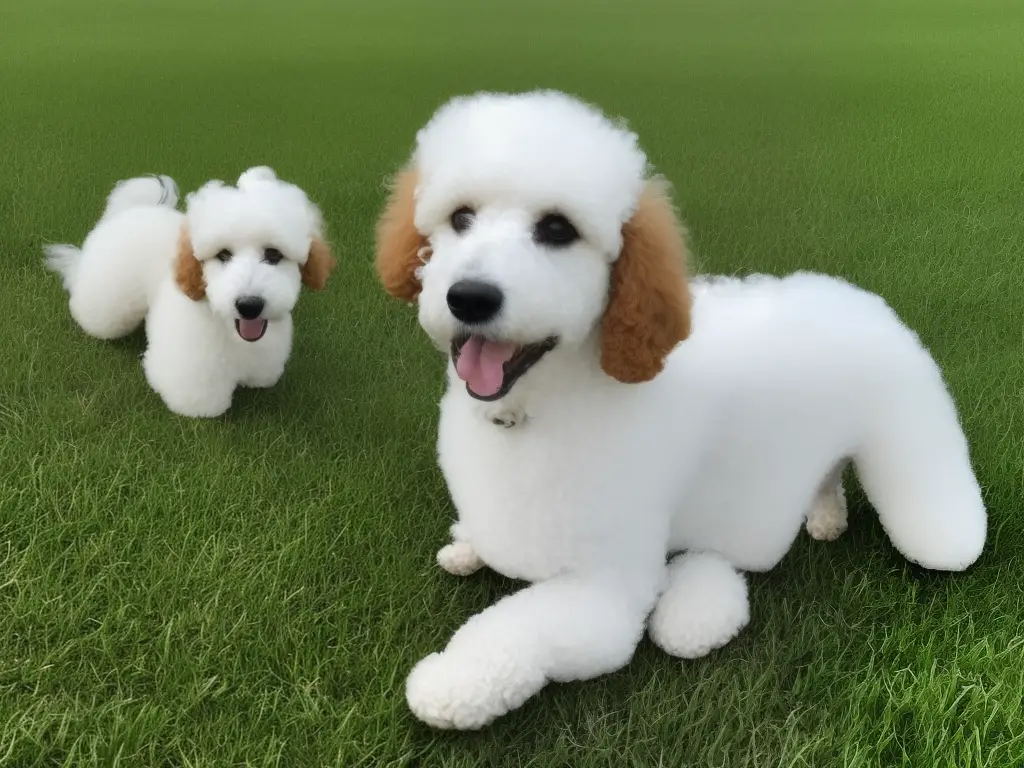 An image of a cute Poodle mix with floppy ears and a hypoallergenic coat, sitting on a green lawn with its tongue out. The image represents the loving and playful nature of Poodle mixes, but also highlights the importance of caring for their health needs.