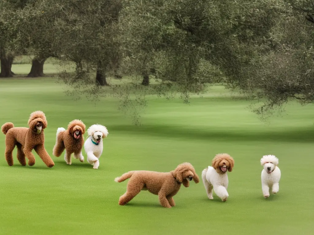 A drawing of three different poodle mix breeds - Labradoodle, Goldendoodle, and Cockapoo - running and playing together in a park