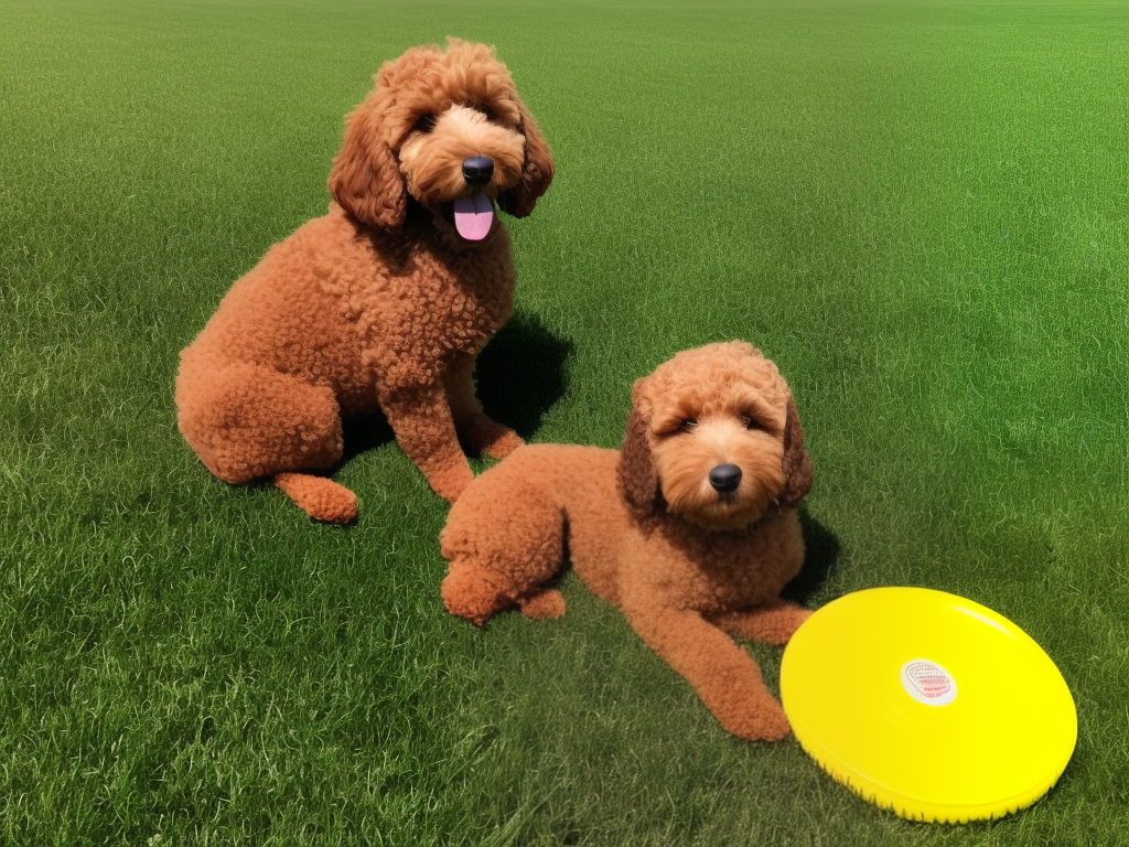 An image of a brown and curly-haired Labradoodle sitting on a green field with a yellow frisbee in its mouth.