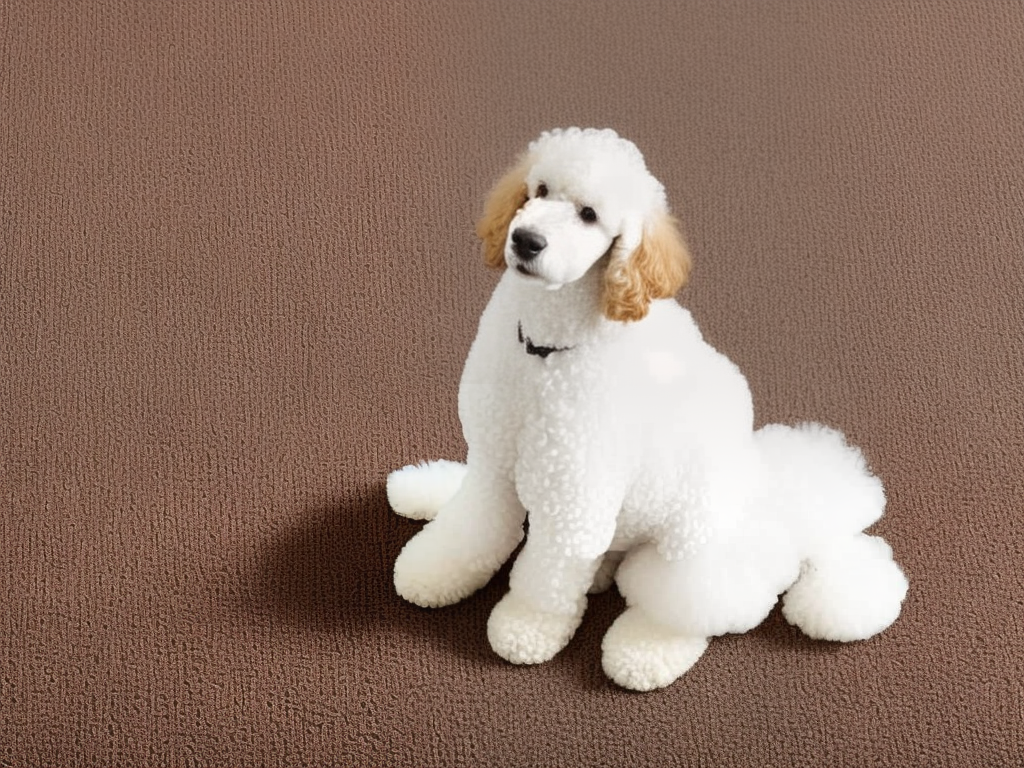 A poodle mix dog sitting on a carpeted floor looking up with a happy expression and wagging tail.