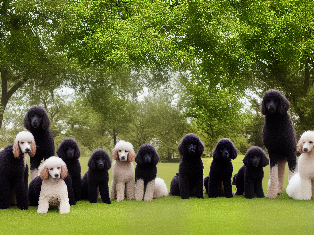 A group of poodles sitting in a park with their owners, chatting and having fun together.
