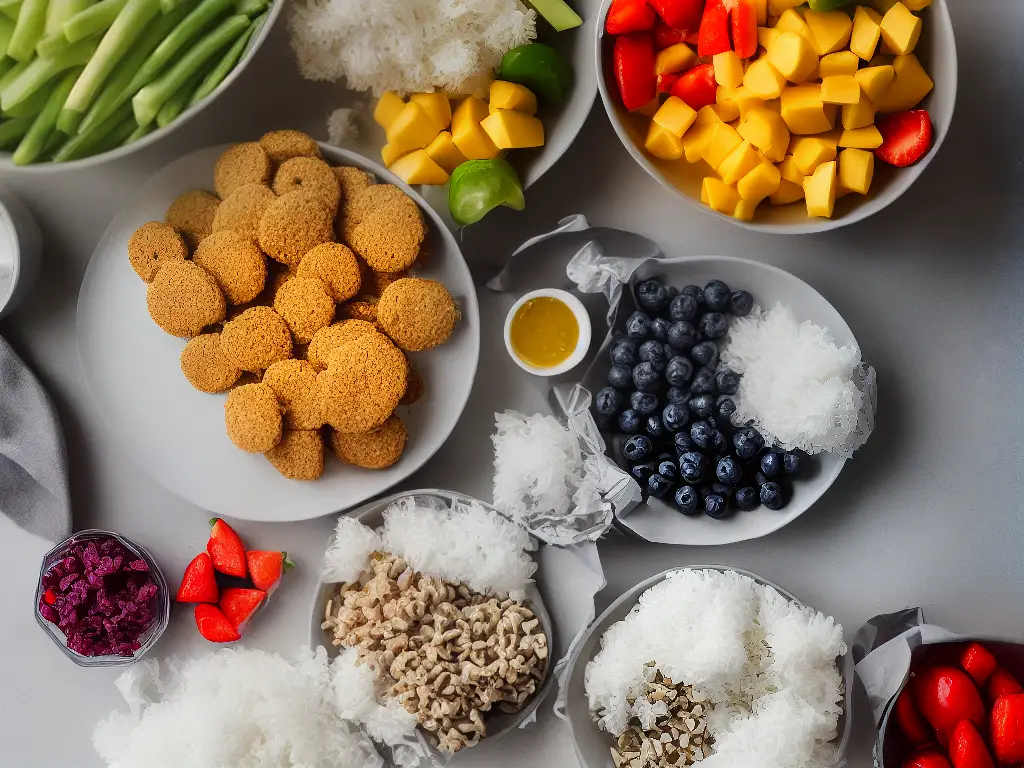 A cartoon image of a poodle with a happy expression sitting next to a bowl of food, water, and healthy snacks like fruits and vegetables with the words ‘Poodle Nutrition Essentials’ above.