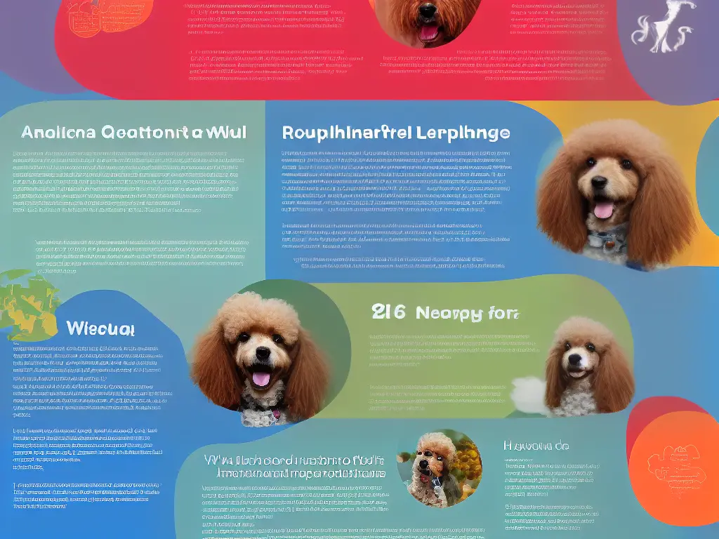An infographic with an illustration of a happy poodle, along with a feeding guide for puppies and adults, and recommendations for high-quality dog food brands.